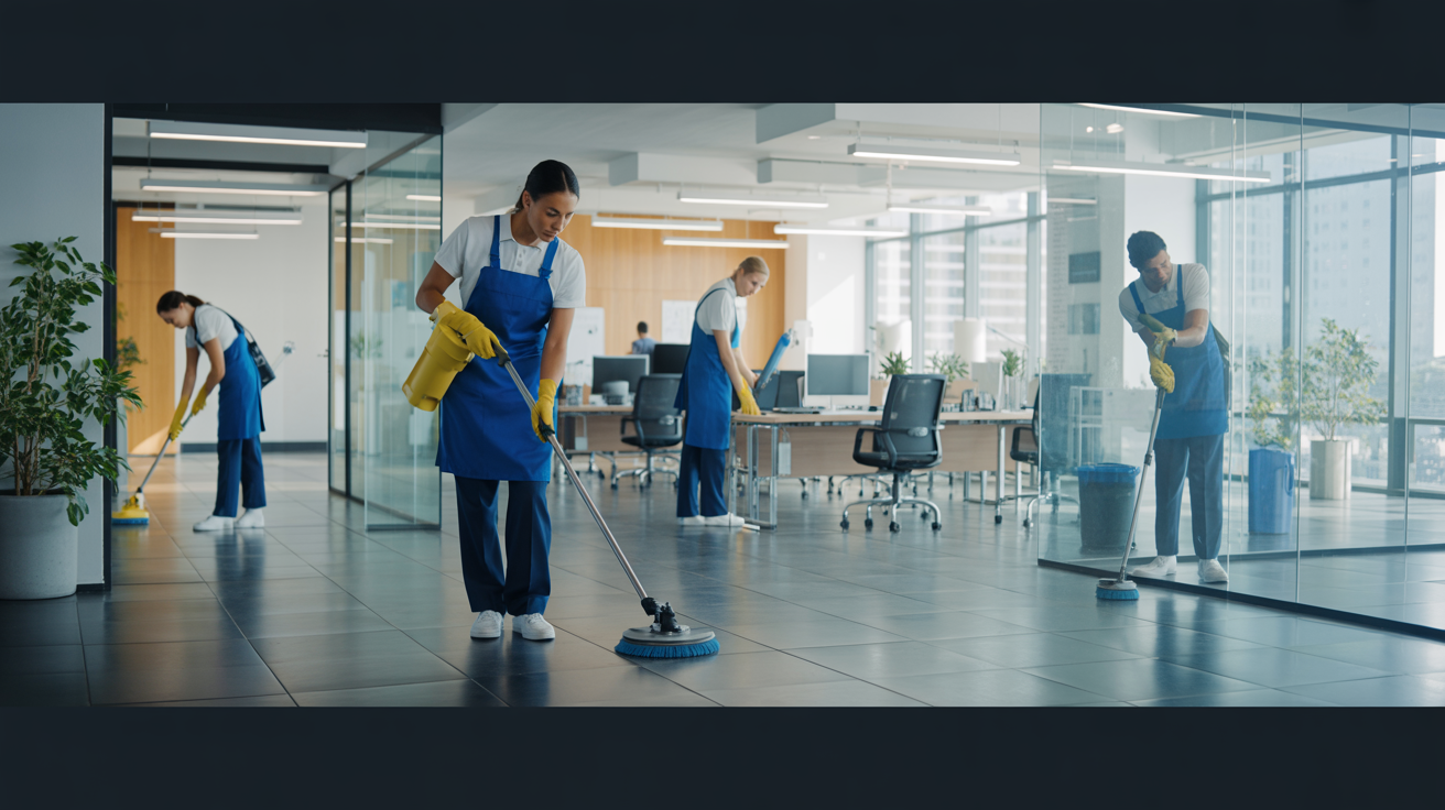 Professional commercial cleaning team at work in modern office