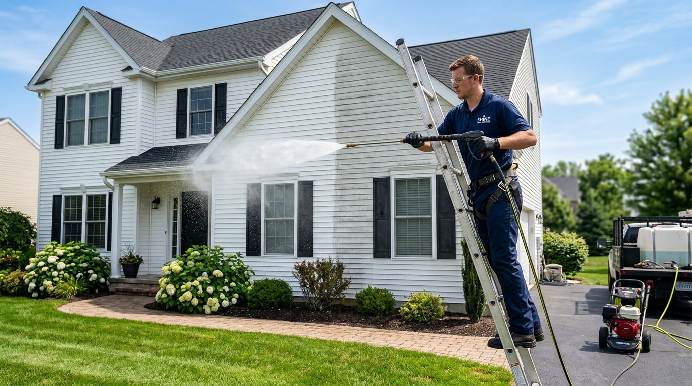 Professional pressure washing a home exterior to restore clean siding